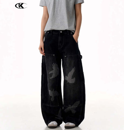 Pigeon Print Wide Leg Jeans – Loose Fit featuring a unique pigeon pattern and a relaxed fit for modern street fashion.