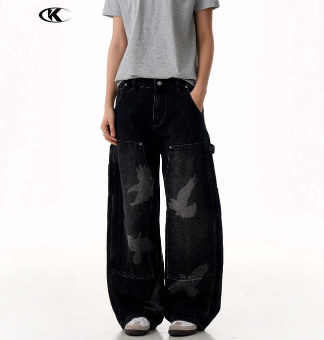 Pigeon Print Wide Leg Jeans – Loose Fit featuring a unique pigeon pattern and a relaxed fit for modern street fashion.
