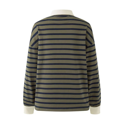 Back view of the Striped Lapel Polo Shirt featuring a retro striped pattern and lapel-style collar.