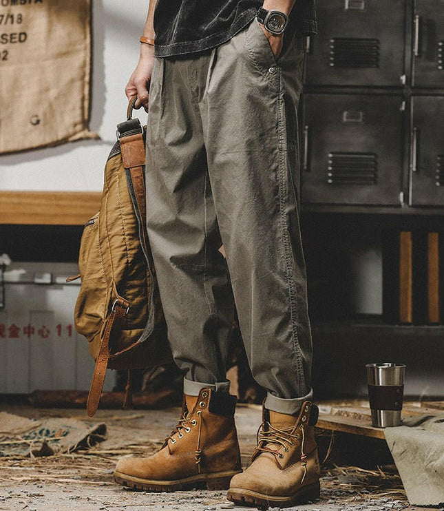 Grozavu Classic: Men's Autumn Retro Work Pants, A-Mei Khaki Trend