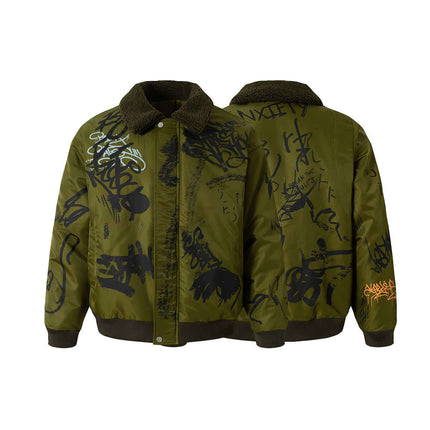 Retro Floral Padded Jacket – Loose Fit featuring a vibrant graffiti print and plush collar for stylish winter warmth.