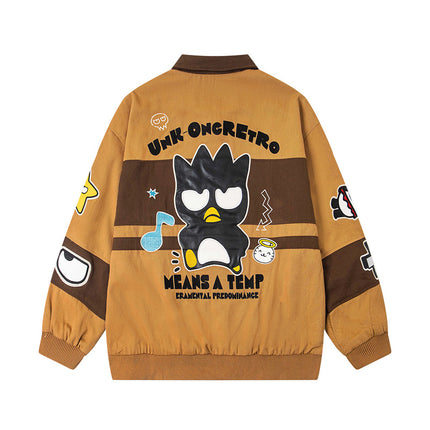 Retro Muted Street Style Fun Cartoon Embroidered Jacket Outerwear Unisex Casual Top Trendy