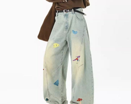 Jeans de Parchwork Divertidos de Calle Alta para Hombre, Tendencia Otoñal, Pantalones de Cuchillo Deconstruidos Bordados, Pantalones Rectos Lavados Cleanfit