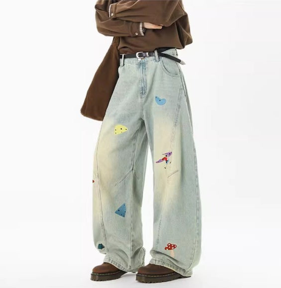 Jeans en patchwork amusants pour hommes de la rue principale, tendance automne, déstructurés, brodés, pantalons à taille haute, lavés, coupe droite