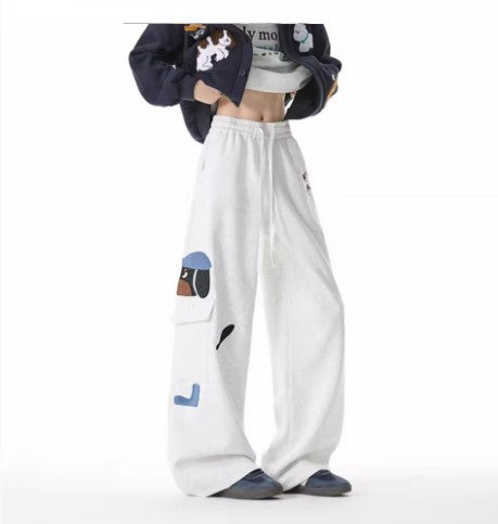 Pantalons de survêtement brodés pour chien Style Homme rétro à poches multiples Pantalons décontractés polyvalents à cordon de serrage amples et athlétiques de rue