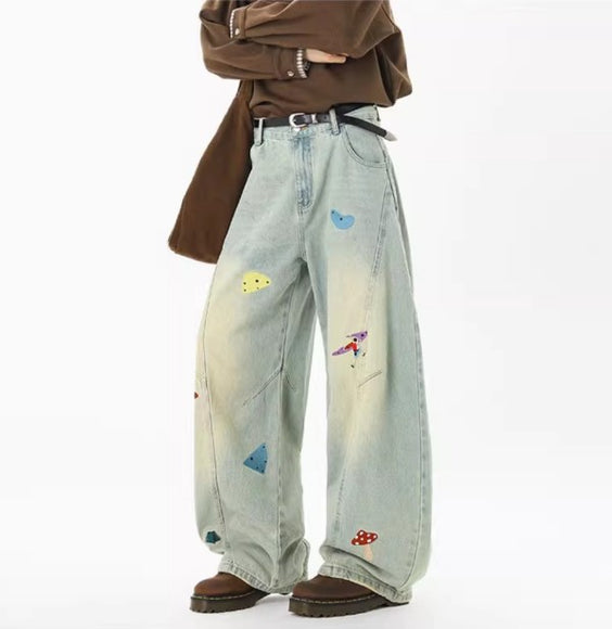 Jeans en patchwork amusants de streetwear pour hommes, tendance, déstructurés, brodés, pantalons à coupe propre, jeans droits lavés