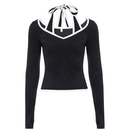 Long Sleeve Halter Neck Contrast Top