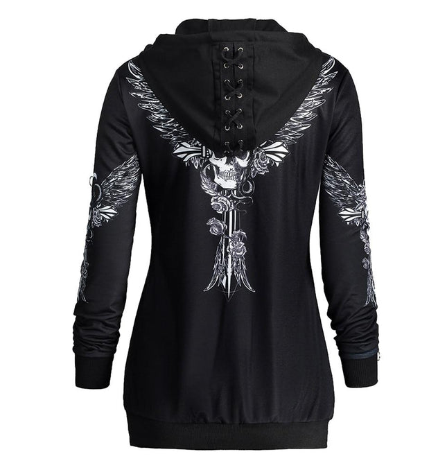 Stylish Skull Wings Print Sweatshirt in Organic Cotton with Criss-Cross Back, Perfect for Punk Style in Fall, Spring, and Winter