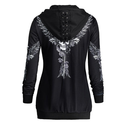 Stylish Skull Wings Print Sweatshirt in Organic Cotton with Criss-Cross Back, Perfect for Punk Style in Fall, Spring, and Winter