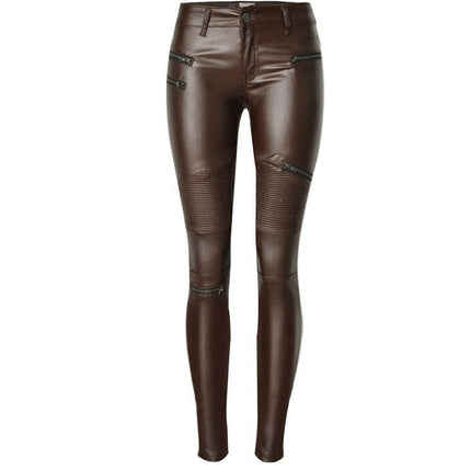 Grozavu Brown Faux Leather Multi-Zip Motorcycle Pants at €49.00