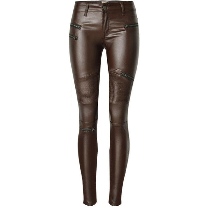 Grozavu Brown Faux Leather Multi-Zip Motorcycle Pants at €49.00