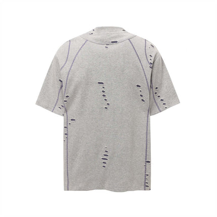Punk Distressed Short Sleeve T-Shirt – Loose Fit showing back design with distressed holes and patchwork details.