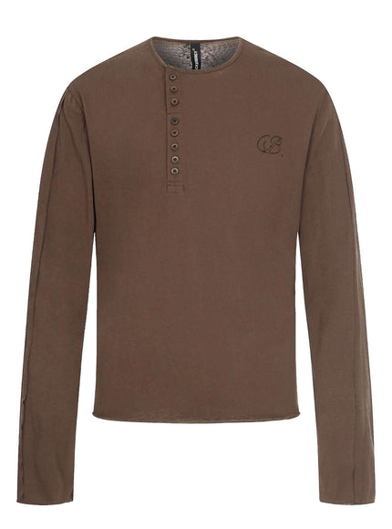Brown henley neck long sleeve t-shirt with Grozavu logo