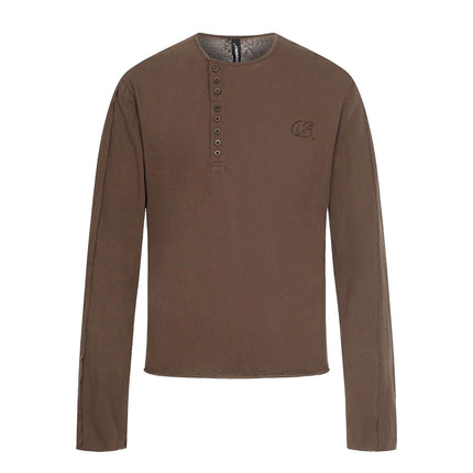 Brown henley neck long sleeve t-shirt with Grozavu logo