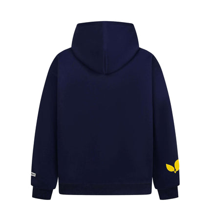 Back view of a navy Cross Embroidered Hoodie – Loose Fit with a hood and yellow detailing.