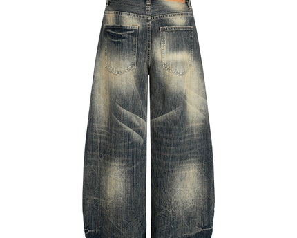 Street Vintage Washed Bamboo Texture Design Loose Wide-Leg Denim Pants