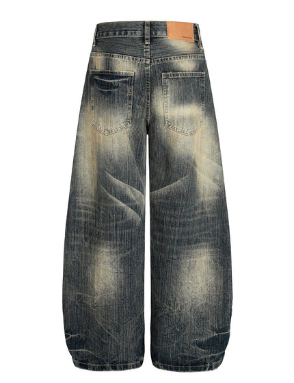 Street Vintage Washed Bamboo Texture Design Loose Wide-Leg Denim Pants