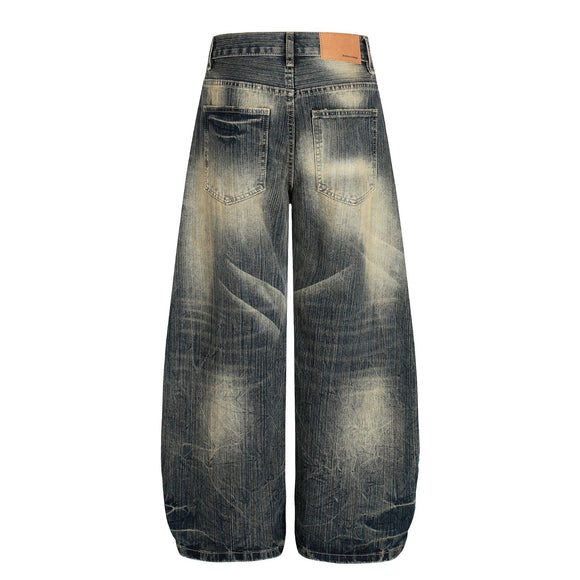 Street Vintage Washed Bamboo Texture Design Loose Wide-Leg Denim Pants