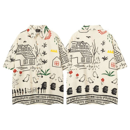 Cămașă cu dungi desenate cu mânecă scurtă - Croială lejeră