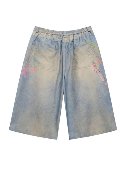 Back view of Blue cartoon chain print wide shorts by Grozavu