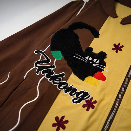 Style Vintage Fun Cartoon Cat Embroidery Patchwork Jacket Coat Unisex Loose Lazy Casual Top