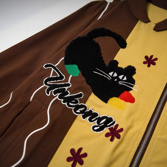 Style Vintage Fun Cartoon Cat Embroidery Patchwork Jacket Coat Unisex Loose Lazy Casual Top