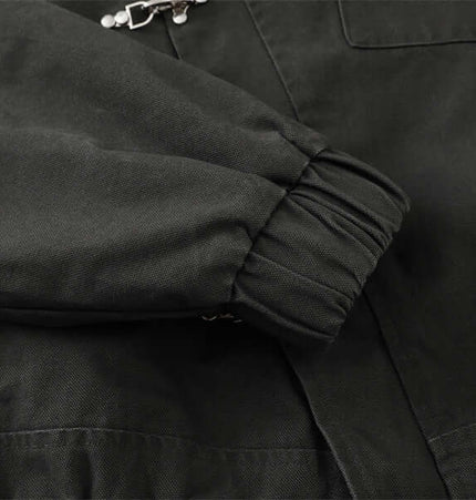 Detailed view of the sleeve cuff of the Stand Collar Casual Jacket – Loose Fit in black.