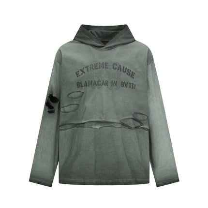 Retro Letter Print Hoodie – Loose Fit in distressed green fabric with letter print details and a relaxed fit.