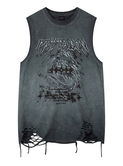 Model wearing Black washed distressed unique sleeveless t-shirt by Grozavu