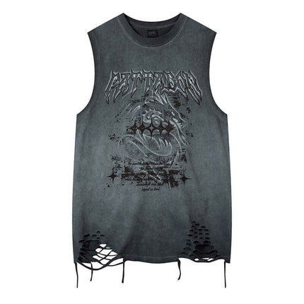 Model wearing Black washed distressed unique sleeveless t-shirt by Grozavu