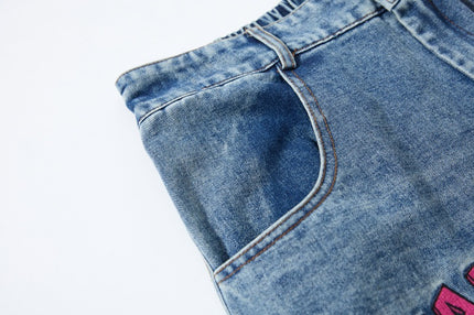 Embroidered College Style Cartoon Patch Denim Pants
