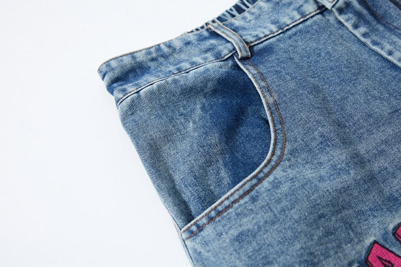 Embroidered College Style Cartoon Patch Denim Pants