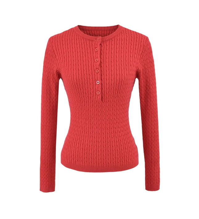 Simple Round Neck Half-Button Knit Sweater for Women, Basic Fitted Outerwear Solid Color Base Top