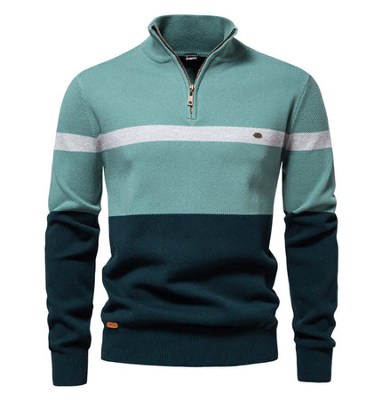 Stand Collar Half-Zip Knit Sweater in color-blocked design for modern autumn style and casual comfort.