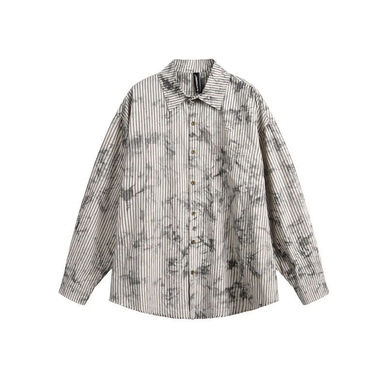 Model wearing Yellow Stripes ink splattered distressed striped sleeve by Grozavu