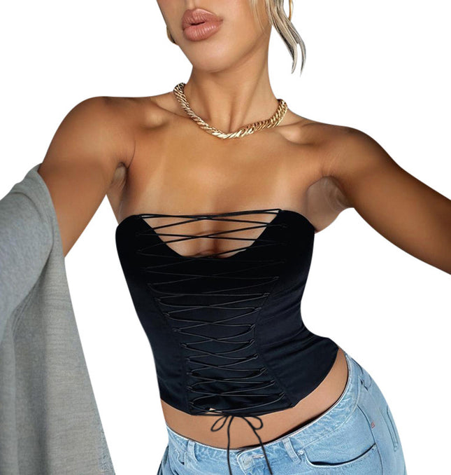 V-neck cross hollow strap sexy strapless top