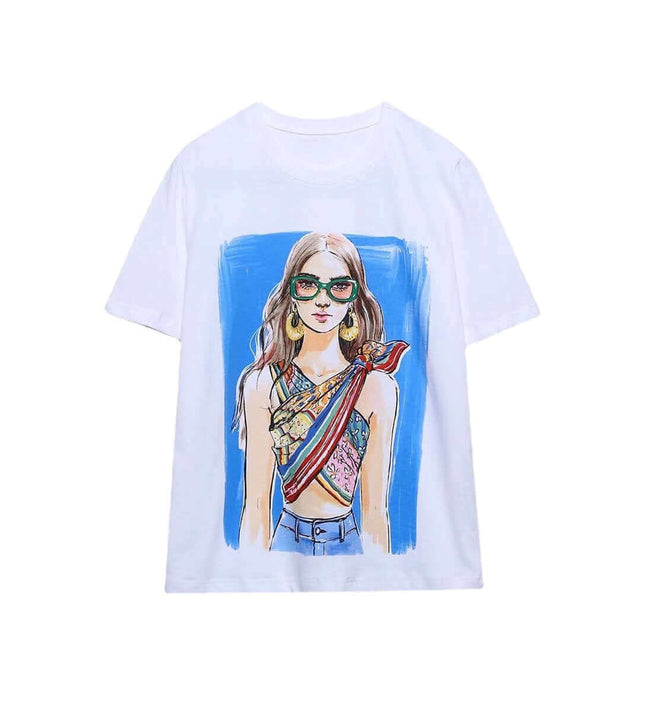 Women High Street Colorful Beauty Print Casual T Shirt Female Basic O Neck Short Sleeve Chic Leisure Tops