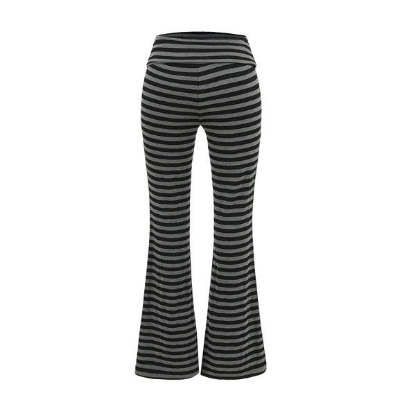 High waisted knitted flared black gray striped tight fit high waisted elastic micro flared pants