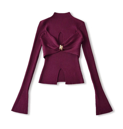 Metal Knot Hollow-Out Flare Sleeve Knit Top in burgundy color showcasing unique back design and flared sleeves.