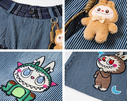 Retro Fun Cartoon Embroidery Washed Stripe Denim Pants Unisex Loose Casual Straight Street Long Trousers