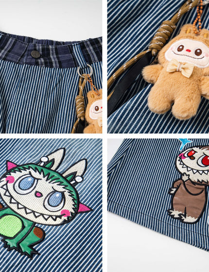 Retro Fun Cartoon Embroidery Washed Stripe Denim Pants Unisex Loose Casual Straight Street Long Trousers