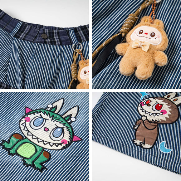 Retro Fun Cartoon Embroidery Washed Stripe Denim Pants Unisex Loose Casual Straight Street Long Trousers