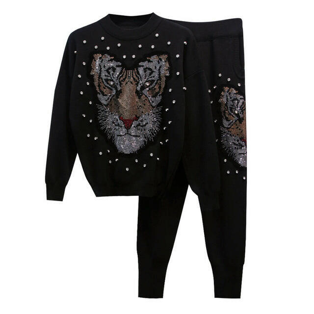 Tiger Head  drilling Beaded Knitting Fashion Loose Suit Two Piece Suit