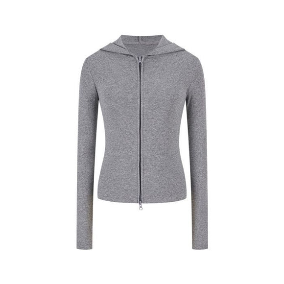 Chaqueta con capucha dulce y picante para mujeres, ajuste slim, ligera, top de manga larga con doble cremallera