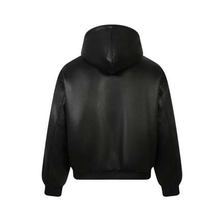 Back view of the Faux Fur Hooded Jacket – Street Style, showcasing its sleek black design and cozy hood.