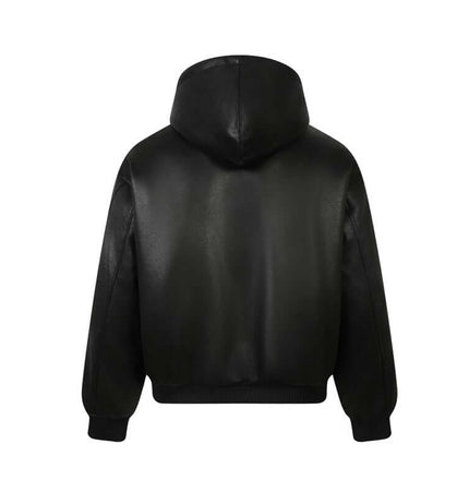 Back view of the Faux Fur Hooded Jacket – Street Style, showcasing its sleek black design and cozy hood.