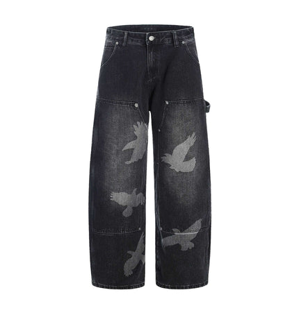 Pigeon Print Wide Leg Jeans – Loose Fit with unique pigeon graphic design on black denim.