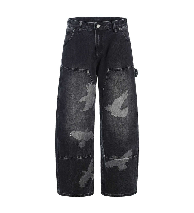 Jeans with Pigeon Pattern for Men and Women, Loose Fit Wide Leg Trousers
