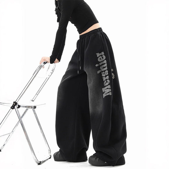 Streetwear Hip Hop Washed Letter Sweatpants Unisex Winter Trendy  Loose Wide Leg Pants Hiphop Casual Slit Pants