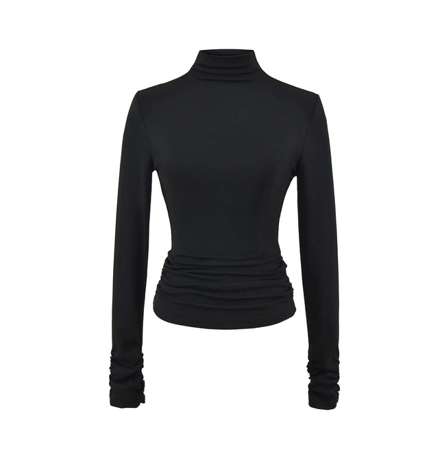 SculptFit High-Neck Long Sleeve Top in sleek black with ruched details for a flattering fit.